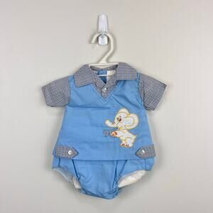 Vintage Mayfair Kids Blue Elephant Diaper Shirt Set Newborn